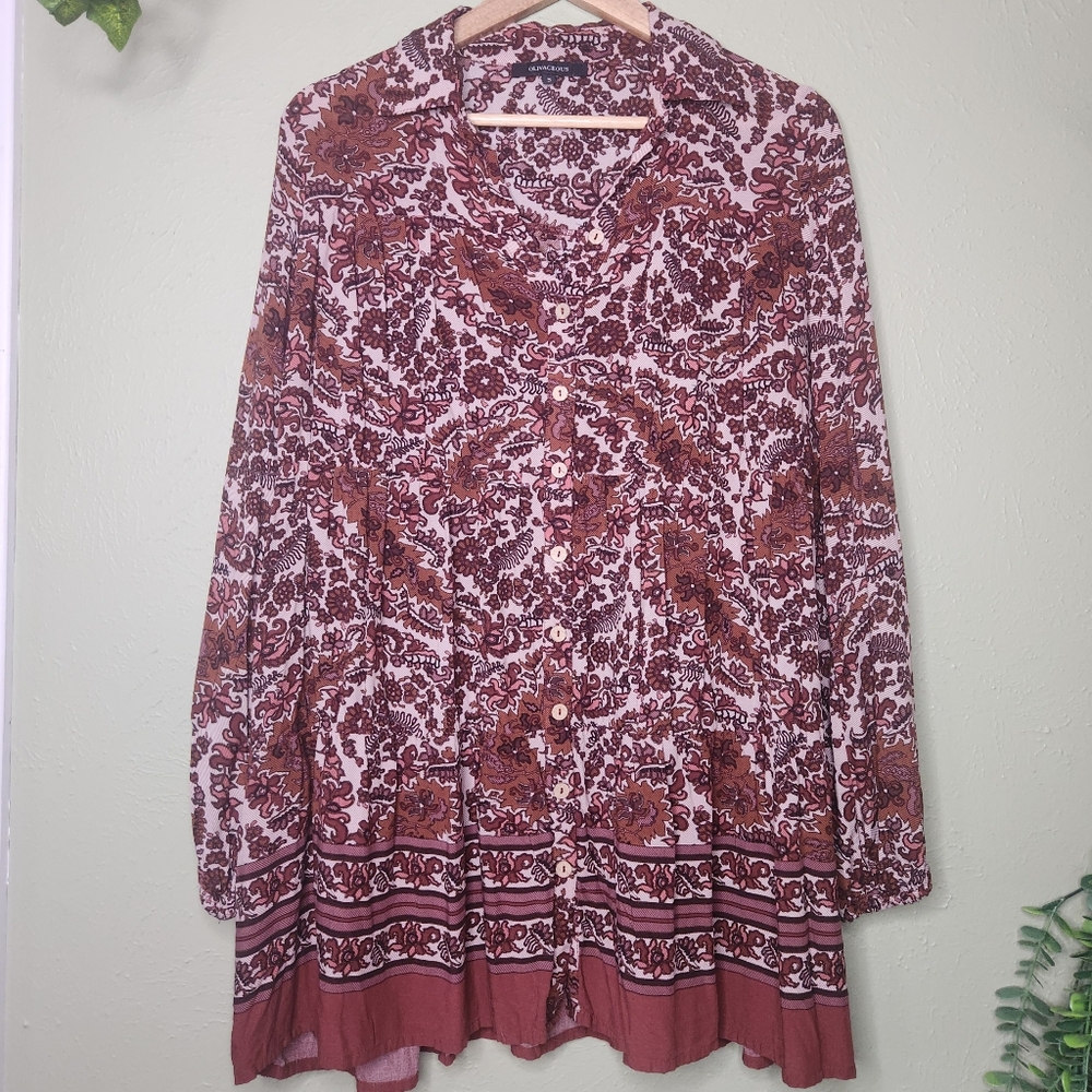 Oliveaceous Boho Floral Pleated Tunic Top Size Small Oversized Fit Earth Tones